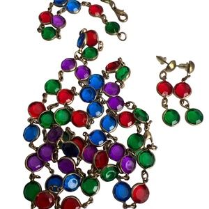 Vintage Long Caged Multicolour Crystals Necklace Bracelet Dangling Earrings 90's